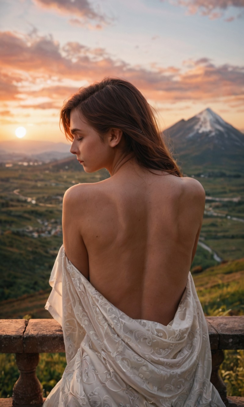 score_9, score_8_up, score_7_up, BREAK, rating_safe, beatiful female, from behind, resting looking at the sunset, from beh...