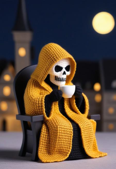 gold robe grim reaper, drinking coffee, sitting in a chair, in Cityscape at night, Amigurami,