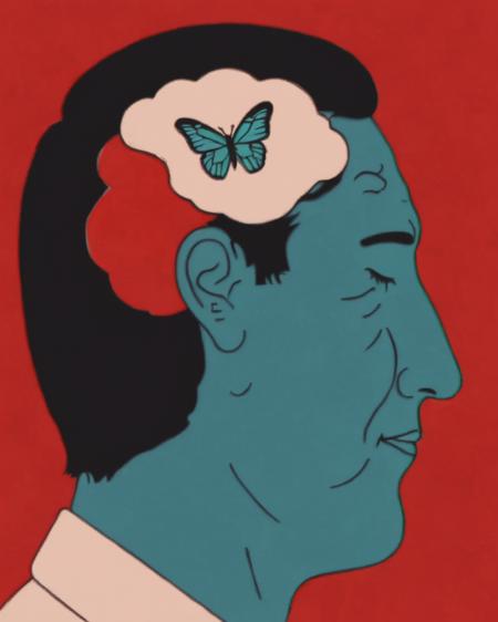 a man with a butterfly in his brain , solo, simple background, black hair, 1boy, closed eyes, male focus, parted lips, hair bun, profile, bug, butterfly, portrait, red background, flat color <lora:Wake_Up_sdxl:0.85>