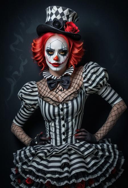 A beautiful woman with vibrant red and white hair, wearing clown-like makeup on her face, black nails shaped like roses, a striped top hat, fishnet sleeves and a skirt, holding her hands around her neck, set against a dark background, in a fantasy style, with hyper-realistic photography and photorealistic elements