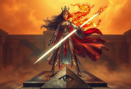 A detailed, golden ratio composition of a Fire Princess, wielding swords, standing on a Chronomaly Pyramid Eye Tablet. She embodies the 80s art deco style with double cloth armor and a single solid body. The setting is an academy, the headmaster is armed with a colorized photon. The piece has a dramatic warm color palette and a standing pose. The style is dreamwave, inspired by artists like David Ligare and Earl Moran. The image is micro-detailed, suitable for 4k or 8k, aiming for a sharp, clean, and smooth finish.