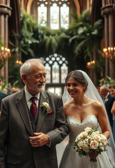 In a thousand year old cathedral decorated with luxuriant plants, a close up of an emotional bride being walked toward the alter by her aging father, the solemn silence of the guests make the time feels as if stopping, the bride crying from a the emotional overload is looking smiling at the old man who's supported her into adulthood, the father is marked by the passage of time but we can still tell he used to be very handsome, a reassuring confidence about him gives a warm softness to the scene