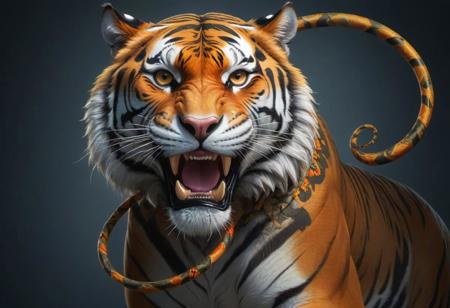 JuggernautNegative, <lora:xl_yamer_style-2.0:1>"Produce a stunning UHD 4K digital artwork featuring a majestic tiger with a snake wrapped around its neck. Create a vibrant and highly detailed art piece, utilizing rich colors and intricate details to portray the sacred and powerful presence of the tiger. Render the artwork in a highly detailed vector art style, emphasizing the interaction between the tiger and the snake, showcasing their contrasting yet harmonious relationship. Focus on striking details and bright colors to bring depth and intensity to this captivating 4K digital artwork."