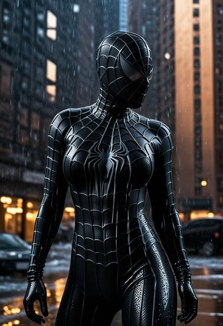 score_9, score_8_up, score_7_up, best quality, realistic, masterpiece, beautiful detail, hyperrealistic, afternoon sky, ((1girl, woman body, big breasts)), amazing detailed full body portrait of a beautiful girl, wearing a realistic and highly detailed black raimi spider-man suit, ((huge muscular girl)), ((wears black spiderman mask)), professional model wears ultra - detailed black raimi spider - man suit, ultra - detailed and grained black raimi spiderman suit, suit covered entire body and hand, black spiderman gloves, wet, (cute dance pose), (full body), (dirty skin), octane render, highly detailed, volumetric, dramatic lighting, (highest quality:1.1), (HDR:1.3), (top quality, best quality), realistic, high definition,