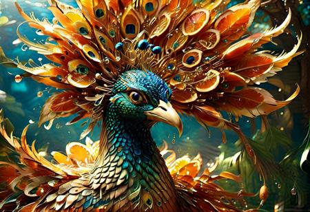a( peacock:1.6) in full grandeur, viewed head-on with its magnificent tail made of orange peel fanned out in a dazzling display, (tail's feathers made of orange peel:1.5)
score_9, score_8_up, score_8_up, masterpiece,super detailed face, super high resolution, FaceDetail, masterpiece-level, highly detailed, intricate details, detailed background, complex background, cinematic, intricately detailed illustration, depth of field, masterpiece, best quality, amazing quality, very aesthetic, absurdres, newest, very awa, shadow, 
1c3_w1n73r