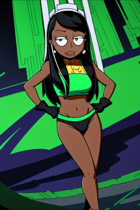 fully dressed,  <lora:rttcs-100:0.8> , solo, hsad with straight black hair and a green headband in a strtrk uniform, white eyes, black pupils, one pupil per eye , <lora:starWarsRebelPilotSuit_v02:.85>,
 <lora:starTrekUniforms_v1:1>