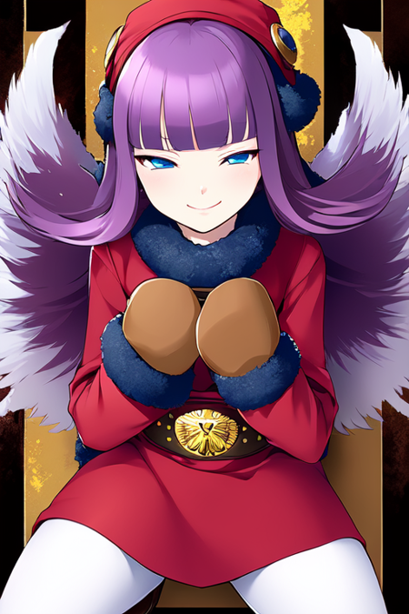 Muu Shuwuu, purple hair, white hair, two-tone hair, hair wings, blunt bangs, long hair, brown mittens, brown boots, white pantyhose, black fur trim, black fur collar, red coat, gold belt, blue eyes, red hat, long sleeves, smile, half-closed eyes