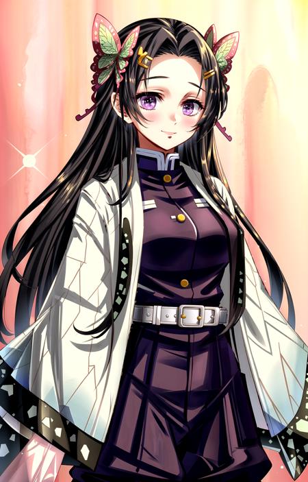 (masterpiece, top quality, best quality, official art, beautiful and aesthetic, picture-perfect:1.4), 1girl, solo,  Kanae, (looking at viewer, cowboy shot, standing:1), (black hair, black colored hair, black long hair, long hair, long flowing hair, parted bangs:1.2), (purple eyes, shining purple eyes:1.3), [smile, closed mouth:1.2], [large breasts, sexy:1], (Kanae Attire, black jacket, black pants, demon slayer uniform, haori, butterfly print, butterfly hair ornament, wide sleeves, long sleeves:1.15), <lora:more_details:.4>,  <lora:KanaeLora:.8>