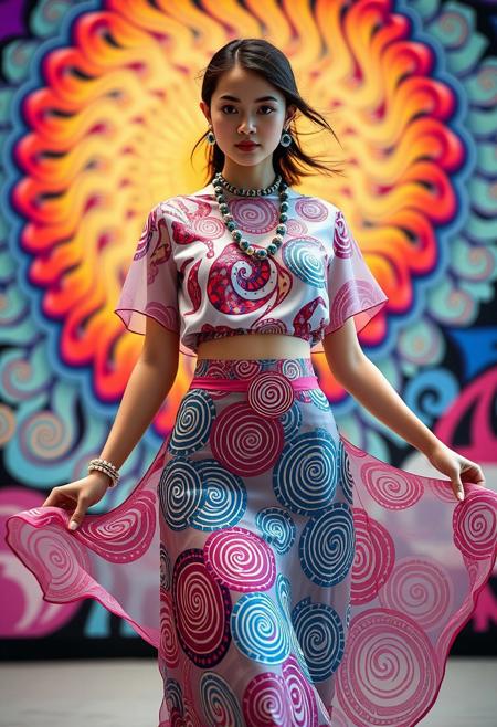 (nubile young woman:1.3), (wearing a fully spirograph-inspired outfit:1.5), (spirograph-patterned skirt:1.6), (geometric spiral motifs:1.5) flowing across fabric, (multilayered spirograph accessories:1.3), (complex interwoven patterns:1.4), (swirling designs on blouse and jewelry:1.2), (vivid colors:1.3), (dynamic animation effect on fabric), (fabric fluttering in wind), (color gradients following spiral lines:1.2), (high-energy patterns:1.3), (soft glowing light on shapes), (psychedelic background hints:1.2), (urban art gallery setting), (delicate and lightweight fabrics:1.4), (smooth flowing pose:1.2), (perfect color harmony), (motion blur hints), (abstract spirograph wallpaper:1.2), (photorealism:-1.5), (mutated limbs:-1.4), (blurry shapes:-1.3), (simple patterns:-1.2), (flat colors:-1.1), (oversaturated lighting:-1.2), (poor proportions:-1.3)