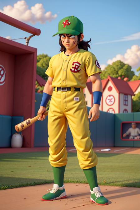 (8k, best quality, masterpiece:1.2),yamcha, 1boy, male focus, solo, black hair, baseball bat, black eyes, scar on face, full body, yellow and green baseball cap, muscular male, baseball uniform, spiked hair, yellow shirt, fighting stance,(clothes writing:1.2), long hair, orange wristband, short sleeves, grass, baseball field, red belt, green pants, green shoes, green footwear, bangs