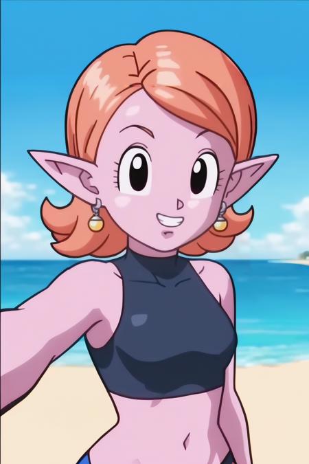 chronoa, potara earrings, orange hair, pointy ears, black eyes, colored skin, purple skin,