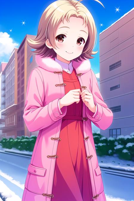 (masterpiece, best quality), highly detailed background, perfect lightingbest quality, narusemanami, solo, outdoors, blonde hair, ahoge, short hair, brown eyes, pink coat, pink jacket, orange dress, <lora:GoodHands-vanilla:1>, winter clothes, smile, closed mouth, :), pink lips, <lora:Naruse-Manami:0.7>