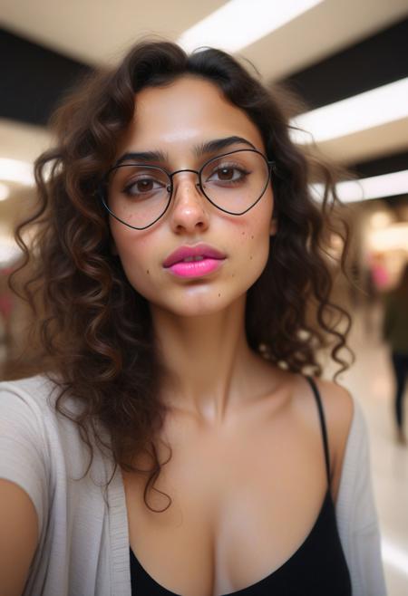 This photograph captures a young woman of likely Mediterranean or Middle Eastern descent, with a light olive skin tone, full, curly dark brown hair, and prominent facial features including high cheekbones and a slightly rounded face. She has a soft, natural makeup look with a touch of blush on her cheeks, which have a few scattered freckles. Her lips are full and slightly parted, giving a relaxed, inviting expression.
The image is a high-resolution photograph featuring a young woman posing in a dimly lit, cozy indoor setting. She is a woman of likely Latinx or Mediterranean descent, with a light to medium skin tone and long, wavy black hair cascading down her shoulders. She wears stylish, black-framed glasses that give her an intellectual look. Her facial features are sharp and expressive, with a hint of a pouty smile.
The image is a high-resolution photograph of a young woman taking a selfie in what appears to be a modern indoor setting, likely a shopping mall or a trendy store, given the visible retail displays and lighting. The woman is of Caucasian ethnicity, with a light skin tone and long, wavy brown hair cascading over her shoulders. She has a heart-shaped face, prominent cheekbones, and full lips with a subtle pink lipstick.