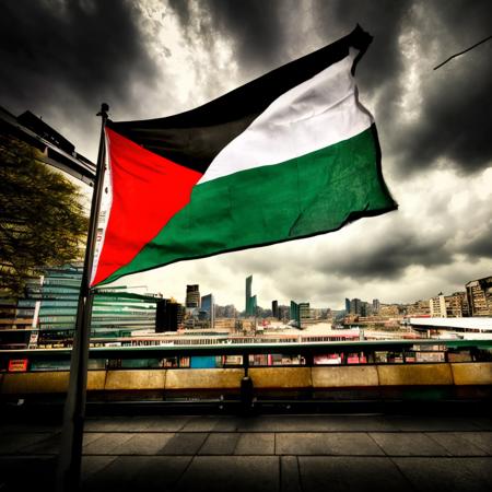 the Palestine  flag,PalestineFlag,Hyperrealistic,Hyperdetailed,realistic,masterpiece,best quality,ultra realistic,High Detail,<lora:AsiaFlags01-000002:1>,Cinematic Lighting,in winter,rain,rainy days,cloudy,city,cityscape,street,