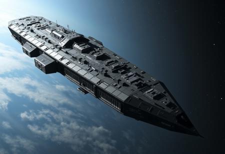 Giant starship floating through space. 1 kilometer long. Comprised of hundreds of uniform cargo containers. A hanger is built into the front half of the ship.  The ship is black and grey with a very austere and angular shape.