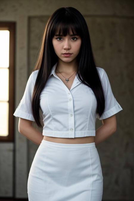 score_9, score_8_up, score_8, 1girl, solo, perfect face, light blue eyes, boot heels, formal white shirt, black skirt, cowboy shot, small breasts, long black hair, red highlights, elegant ponytail, bracelet, necklace, parted bangs, hand on hip, refined, volumetric lighting, cinematic lighting, blurry background, close up