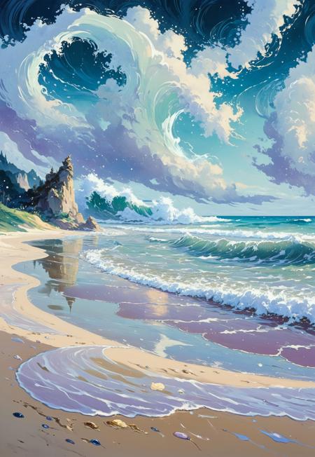 Neo-Rococo, A tranquil beach with crystal-clear water and soft sand, with waves gently crashing against the shore, curved forms, naturalistic ornamentation, elaborate, decorative, gaudy, Neo-Rococo. 
Art style: moody neo-anime realism with strong color contrast, painterly, cinematic style, background with soft broad brushstrokes and moody atmosphere, painted-over photograph hyper-anime style, reminiscent of the painterly styles of Makoto Shinkai and Pascal Campion

