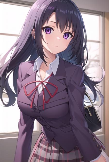 chizuruakaba, <lora:chizuru akaba s2-lora-nochekaiser:1>,
chizuru akaba, long hair, black hair, (purple eyes:1.1),
BREAK skirt, school uniform, plaid, plaid skirt, shirt, white shirt, collared shirt, jacket, long sleeves, black jacket,
BREAK indoors, classroom,
BREAK looking at viewer, (cowboy shot:1.5),
BREAK <lyco:GoodHands-beta2:1>, (masterpiece:1.2), best quality, high resolution, unity 8k wallpaper, (illustration:0.8), (beautiful detailed eyes:1.6), extremely detailed face, perfect lighting, extremely detailed CG, (perfect hands, perfect anatomy),