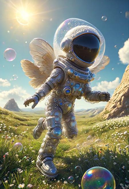 Run through my art's meadow of imagination
Detailed grassy plane dots background neutral toned canvas Asteroid dunes dotting distant galaxy -Miles beyond- Twinkling Starts bedizen cosmos' veil
Rushing Astronaut figure 3d render grinning happy pace Playful running towards giant Rotating Cube Disc Platform as big as building Nifty little spaceman, hi there!
Cherub chuckles mirthfully while arms wave excited hey, Super joyous! Giddy dash makes ground blur as whimsical cel shaded filter Bubble popping to greet Astrobot friend enthusiastically!
concept-art, A beautiful double exposure, awesome full color, 
fantasy, beautiful, painterly, detailed, textural, artistic, 
aesthetic, intricate details, highly detailed, ultra-detailed, absurdres, unreal engine, octane rendering, high saturation, high contrast, vivid, vibrant, volumetric lighting, sharp focus, 
aid291, midjourneyv6.1, 
made_of_bubbles