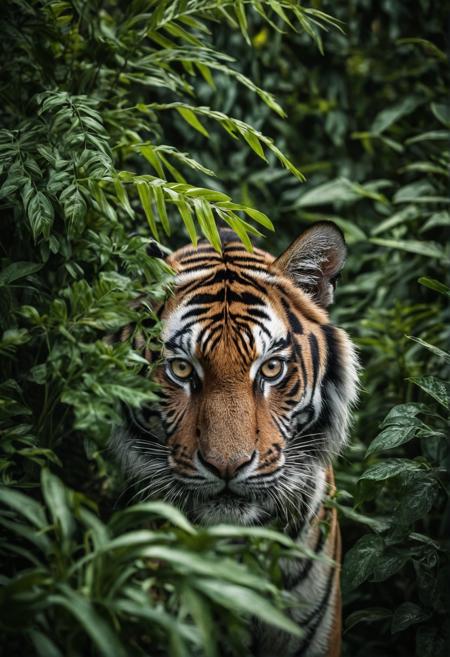 real photo of a bengal tiger,hidden in the jungle,face covered by plants,spy on viewer,hunting,majesty,(medium shot:1.3),deterrent,breathtaking,fierce,ultra-detailed eyes,intricate details,detailed texture,light source contrast,(dramatic shadows,Cinematic Light:1.2),Depth of field,film grain,noise,dark background,<lora:add-detail-xl:0.8>,
