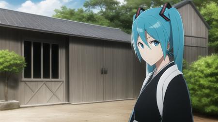 1girl, hatsune miku, twintails, (aqua hair:1.2), long hair, (solo:1.2), outdoors, official art, kimono, female focus, looking at viewer,  <lora:Bleach-tybwV2:1>