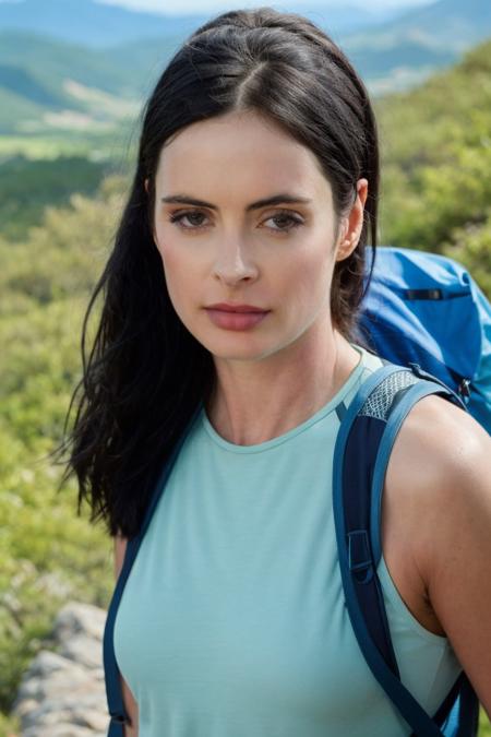 1girl, solo, face, portrait of a hiker girl, mountain trail, scenic view, female focus, photorealistic, soft colors, masterpiece, high quality, (high detailed skin:1.1)
 <lora:krysten_ritter_lora_v01:1> ritter81