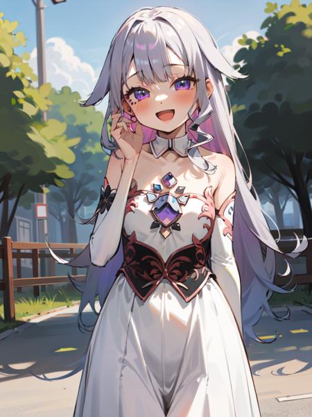 koseki_bijou, hololive, 1girl, solo,
silver_hair, long_hair, purple_eyes, 
cute, short, flat_chest, 
looking_at_viewer, :d, happy, collarbone, 
wide_shot, wide_hips, white_dress, pale_skin, 
outdoors,