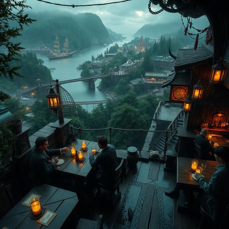 view from above, (masterpiece hyperrealisitic, medium format camera shot, fantasy oil painting, concept art 8k, high quality, detailing, textures)  Imagine a spooky atmospheric perfect fantasy tavern  with happy perfect hyperrealisitic pirates drinking beer, with cozy candle light, rain reflections, by the river, ( in the background a large fantasy hyperrealisitic bustling port town city metropolis sprawls), nestled between a verdant, ancient forest, encircled by cliffs and city bridges across the river used for logging, taking it to the perfect pirate ships and the crashing waves of the vast, unexplored ocean.