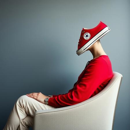 professional photo, detailed photo,
profile of woman, she has no head, she has no face
she is sitting in a chair, legs crossed
her entire-head was replaced with an actual sneaker
(((red-canvas-women's-Converse-sneaker))),