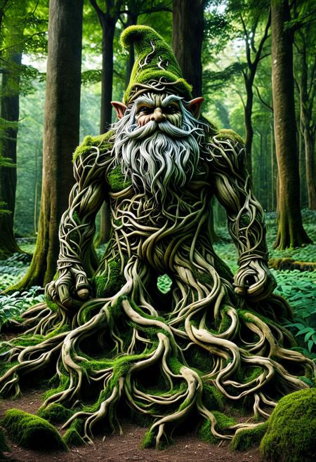 score_9,score_8_up,score_7_up, PG-TR, The image depicts a towering, muscular golem, seemingly composed of twisting roots, vines, and moss, standing majestically amidst a lush, verdant forest. Its form is robust and imposing, with broad shoulders and powerful limbs, intricately detailed with organic textures. In the lower right corner of the frame, a small gnome, similar in appearance to the one in the sunflower field image, would be positioned. This gnome, with its distinctive pointed red hat and long white beard, would be looking upwards, seemingly in awe or contemplation, towards the colossal golem. The contrast in size between the diminutive gnome and the enormous golem would be striking, emphasizing the grandeur of the forest guardian. The surrounding environment would be bathed in natural light, filtering through the dense canopy, creating a mystical and fantastical atmosphere.<lora:Treeroots_0_90_multi2_Handprocessed_V2:1>