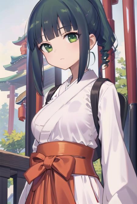 harutakimi, <lora:harutakimitest:1>, haru takimi, bangs, (green eyes:1.5), ponytail, green hair, blunt bangs, (medium breast:1.2)
BREAK skirt, japanese clothes, hakama, hakama skirt, miko, red hakama,
BREAK looking at viewer,
BREAK outdoors, shrine,
BREAK <lora:GoodHands-vanilla:1>, (masterpiece:1.2), best quality, high resolution, unity 8k wallpaper, (illustration:0.8), (beautiful detailed eyes:1.6), extremely detailed face, perfect lighting, extremely detailed CG, (perfect hands, perfect anatomy),