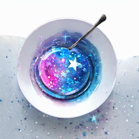 <lora:star_xl_v2:1>,
a bowl with a spoon inside of it with a star design on it and a spoon in the bowl, simple background, white background, food, sky, no humans, fruit, star \(sky\), plate, starry sky, spoon, food focus, still life, dessert, galaxy, night sky, reflection, saucer, The image showcases a bowl containing a gelatinous substance that has been artistically designed to resemble a galaxy. The substance is vibrant with hues of blue, purple, and pink, with shimmering specks that mimic stars. A spoon is placed next to the bowl, suggesting that the substance is ready to be consumed. The background is plain white, which accentuates the vivid colors of the galaxy-like substance., bowl, gelatinous substance, hues of blue, pink, shimmering specks, background