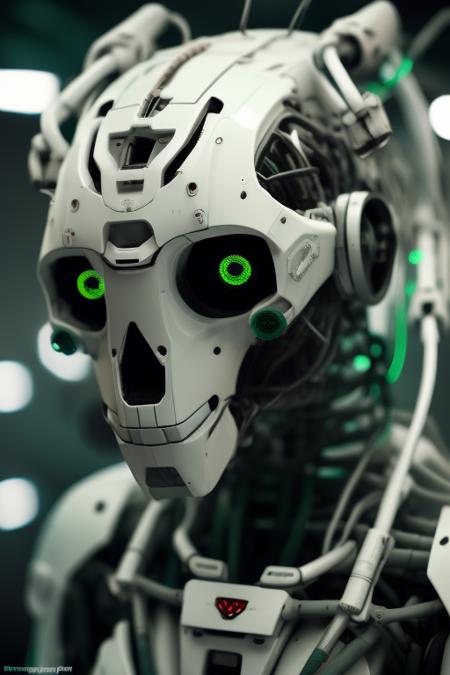 a close up of a robot's head with green lights, cgsociety contest winner, digital art, wires cables skulls, white mech bot, robot animal, andrei riabovitchev symmetrical, cyborg mouse, round robot, cyberpunk medusa, cute elaborate epic robot, tech helmet, white robot, ai robot tendril remnants, glass cyborg