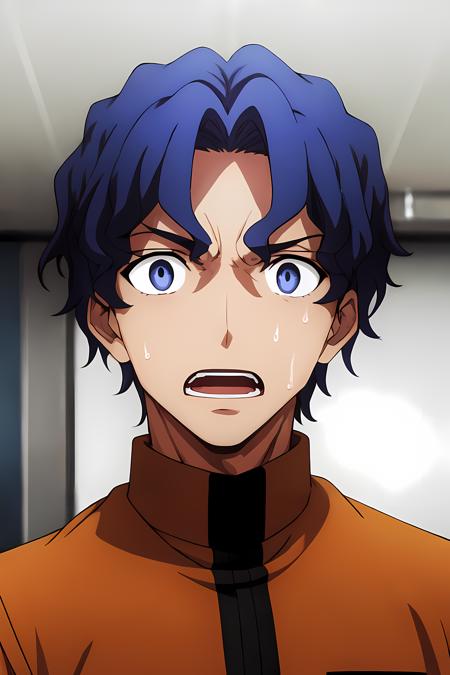 (masterpiece, best quality:1.2), highres, anime screencap, anime coloring, 1boy, solo, male focus, open mouth, surprised, wide-eyed, constricted pupils, sweat, 
ShinjiM_V1, blue hair, short hair, wavy hair, blue eyes, purple eyes,
homurahara academy school uniform, 
indoors, classroom, portrait, looking at viewer, straight-on,
<lora:add_detail_CyberAlchemist:0.4>, <lora:GoodHands-beta2:0.8>, <lora:ShinjiM_V1:0.95>