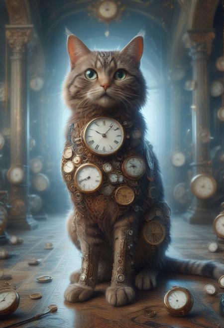 vibrant colors, shiny, prefect lighting, detailed image, snoozing, masterpiece, best quality, highly detailed, ultra quality, 
(clock:1.4), 
Landscape, (cat), cat with clocks for eyes, posing cat, flexing cat, palace, indoors, daytime, 
detailed background, cinematic composition,