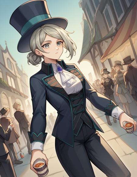 vertin, freckles, grey eyes, grey hair, hair bun, short hair, medium breasts, hat, suit, top hat, long sleeves, pants, black pants, ascot, gemstone,