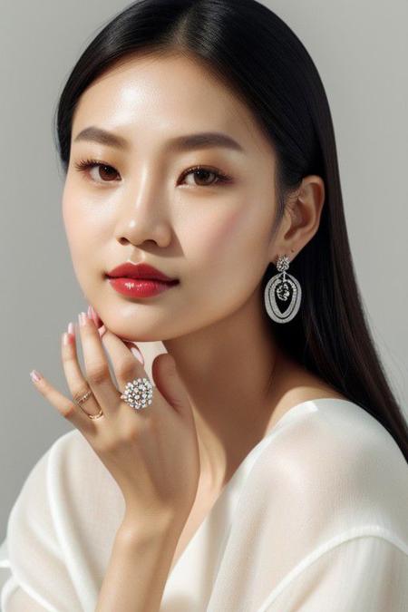 Close-up, Asian female, beauty shot, clear skin, natural makeup, brown eyes, subtle lipstick, earrings, silver rings, white outfit, serene expression, framing face with hands, delicate pose, studio lighting, high-resolution image, neutral background, fashion accessories, manicured nails, skincare advertisement aesthetic, youthful appearance, elegance, simplicity in composition, portrait orientation.,