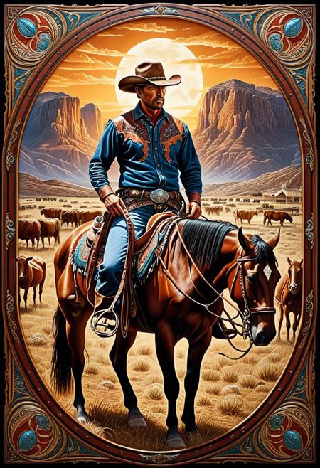 score_9,score_8_up,score_7_up,score_6_up, masterpiece,cs-l3ath3r, ultra-high resolution, incredible composition, extremely detailed, cowboy in a ranch, the colors are stitched leather, each piece intricately positioned, digital art, Ambient lighting, D&D, illustration, ornate, fantastic aesthetic, professional fine composition, inspired, creative, Pg-rating