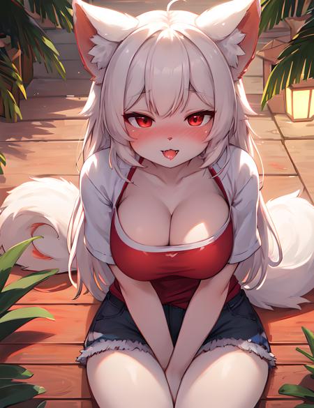 furry, white fur, tail, red elements on fur, normal breasts, beautiful front view, pov, summer shirt, summer shorts, close-up, sitting, hands on breasts, blush, ahegao, paw pose, summer, night, beautiful lights and shadows, ambient light, ultra detailed fur, volumetric light