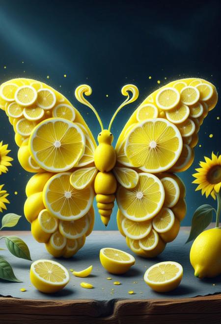 wl_lemons, (Masterpiece, Best Quality, 4k, Highres:1.2), a butterfly
 made of lemon, on top of a sunflower