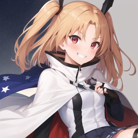 (masterpiece, best quality1.2),illustration,8k,hd,1girls,solo,upper body,(portrait:1.2),blonde_hair,long_hair,one_side_up,red_eyes,bangs,american_flag_legwear,black_gloves,fingerless_gloves,multicolored_legwear,pleated_skirt,skirt,socks,white_capelet,black_skirt,multicolored_clothes,kneehighs,miniskirt,grin,parted_bangs,flag_print,panties,star_\(symbol\),underwear,<lora:cleveland>,