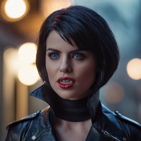 cinematic film still of  <lora:vampire style v2:1>
Vampire Selene Gallio a woman in a black leather jacket,1girl,solo,looking at viewer,short hair,blue eyes,black hair,upper body,parted lips,blurry,lips,bodysuit,blurry background,realistic,latex,cinematic,filmic,realistic,movie still,horror themed,vampire style , detailed, detailed background, detailed scene, detailed teeth, detailed fangs, shallow depth of field, vignette, highly detailed, high budget, bokeh, cinemascope, moody, epic, gorgeous, film grain, grainy