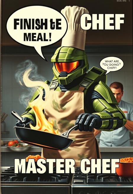 Create a fake B-Movie VHS cover art of a movie called (Master Chef), the cover features a Halo parody of Master Chief, he is wearing his iconic green power armor but also is wearing an apron with military camo patterns and a chef hat with military camo patterns, he is stwnfing in front of an oven cooking food in a frying pan by flicking it in the air like a professional chef while triumphantly saying (FINISHING THE MEAL!) In a large speech bubble, Gordon Ramsey is seen in the background saying in a small text bubble (What are you doing Chief!?) dramatic lighting, the cover gives 80s vibes with slightly washed out colors and is despite its silliness very well rendered and extremely detailed.