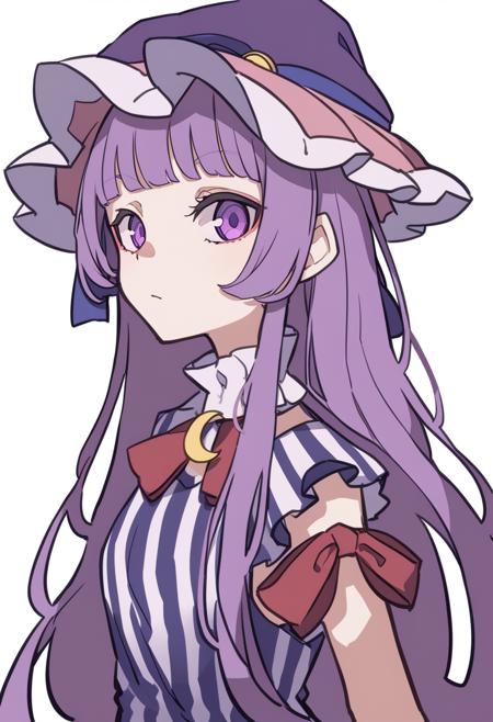 1girl, style:kame \(kamepan44231\), patchouli knowledge, solo, purple eyes, crescent, purple hair, hat, mob cap, simple background, white background, crescent hat ornament, long hair, hat ornament, dress, closed mouth, bow, striped dress, upper body, ribbon, one-hour drawing challenge, blue ribbon, blue bow, red bow, hair bow, striped, red ribbon, pink headwear, purple headwear, crescent pin, vertical-striped dress, bangs, <lora:Style - kame (kamepan44231) - v2 - bionagato>