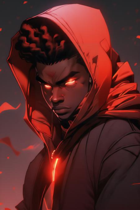 (red theme, red gradient,:1.2) redshift,red, solo, looking at viewer, black hair, red eyes, 1boy, jewelry, jacket, upper body, male focus, earrings, dark skin, hood, glowing, dark-skinned male, hood down, glowing eyes, dreadlocks <lora:redshift-10:1>  <lora:add_detail:0.6>