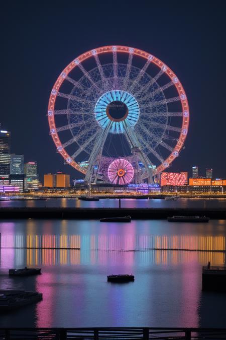 Yokohama Minato Mirai skyline at night, Cosmo Clock 21 Ferris wheel glowing with vibrant neon lights, reflections on the bay water, modern skyscrapers, ultra-realistic DSLR photo, cinematic cityscape, clear night sky