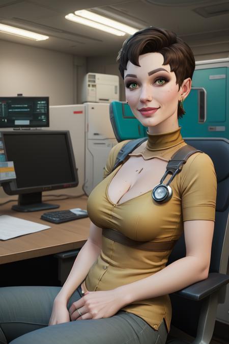 tannis, short brown hair, green eyes,
 tan shirt, earrings , pants, 
upper body,  smile,  looking at viewer, sitting,  cleavage, 
spaceship,  medical room,  rusty,  
 (insanely detailed, beautiful detailed face, masterpiece, best quality) 
 <lora:tannis:0.7>