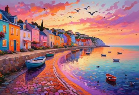 (post impressionism:1.3), vibrant seaside town at sunset, (colorful houses:1.3) lining shore, reflections shimmering on gentle waves, (warm hues:1.2) of orange, pink, purple sky blending softly into horizon, small boats floating, details highlighted by fading sunlight, (cobblestone path:1.1) leading to water's edge, dotted with wildflowers, seagulls resting nearby, post-impressionist style, bold brushstrokes, swirling textures, vivid exaggerated colors, high detail, atmospheric lighting