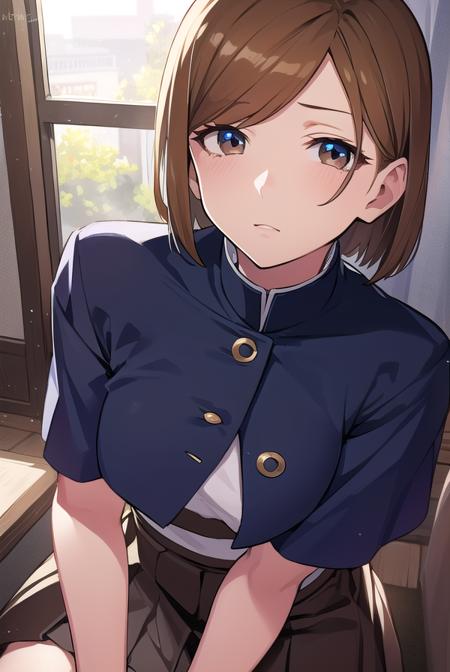 nobarakugisaki, <lyco:nobarakugisaki-LYCORIStest:1>,
nobara kugisaki, bob cut, (brown eyes:1.5), brown hair, lips, short hair,
BREAK belt, brown belt, brown pantyhose, crop top, crop top overhang, jujutsu tech uniform, pantyhose, pleated skirt, shirt tucked in, skirt, blue skirt, blue crop top,
BREAK looking at viewer,
BREAK indoors, classroom,
BREAK <lora:GoodHands-vanilla:1>, (masterpiece:1.2), best quality, high resolution, unity 8k wallpaper, (illustration:0.8), (beautiful detailed eyes:1.6), extremely detailed face, perfect lighting, extremely detailed CG, (perfect hands, perfect anatomy),