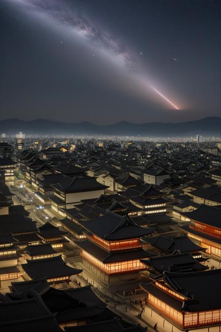 (masterpiece), (best quality), ultra-detailed view of Kyoto skyline at night, traditional temples lit with warm lanterns, modern city lights in the distance, Halleyâs Comet shooting across the sky above the mountains, ethereal glow reflected on rooftops, dreamlike and realistic, cosmic meets ancient Japan, ultra-sharp detail, magical vibe, PixCReal ultra-realism